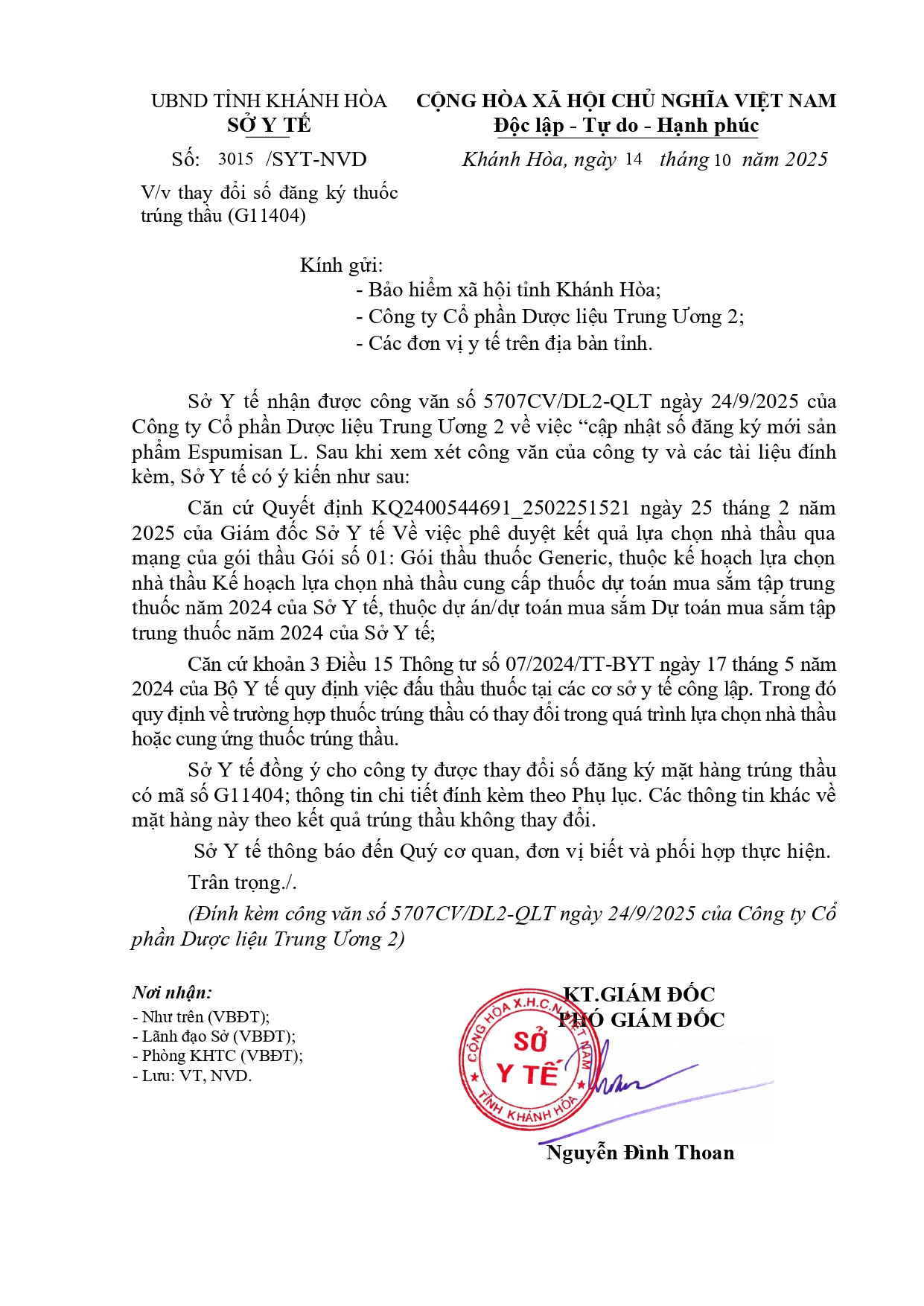 V/v thay đổi số đăng ký thuốc trúng thầu (G11404) 